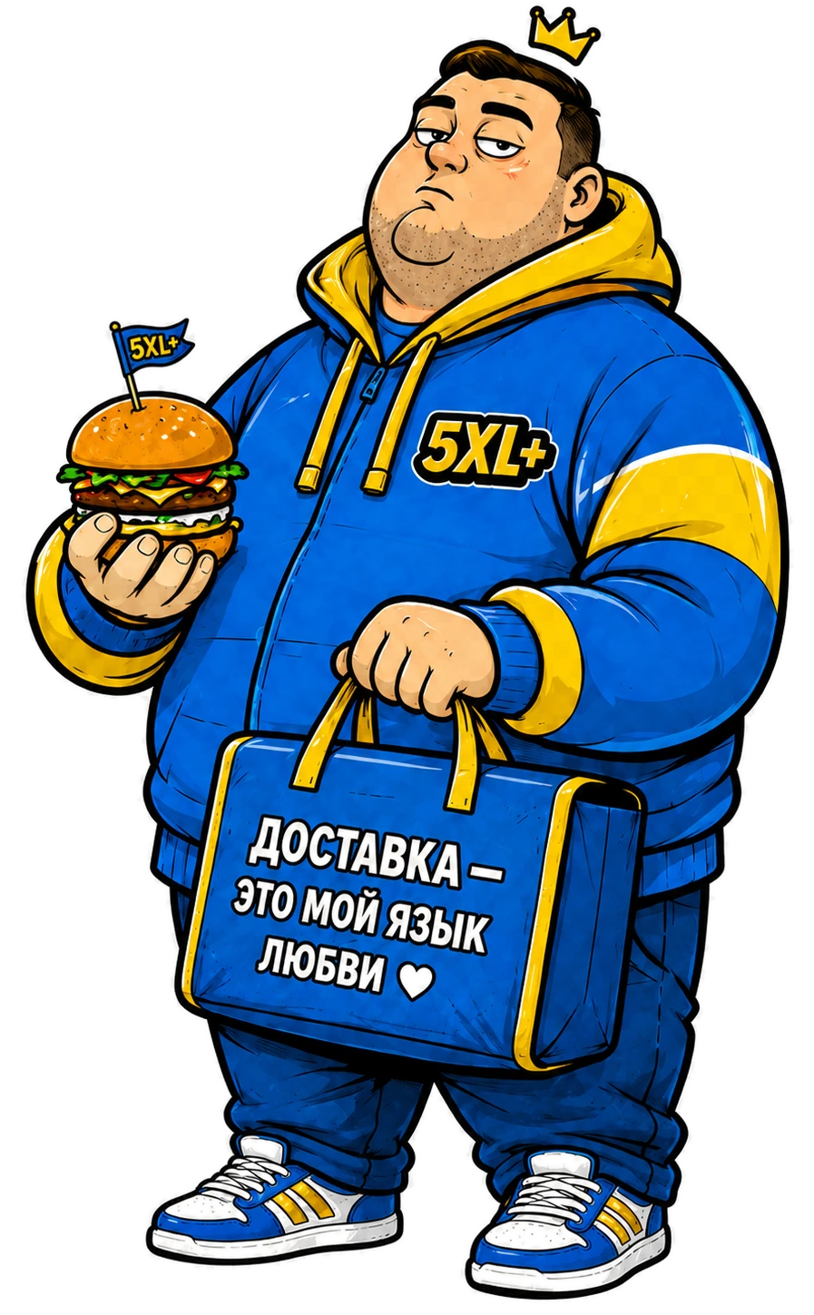 Персонаж 5XL+ в синей куртке с короной держит бургер и сумку доставки с надписью «Доставка — это мой язык любви»